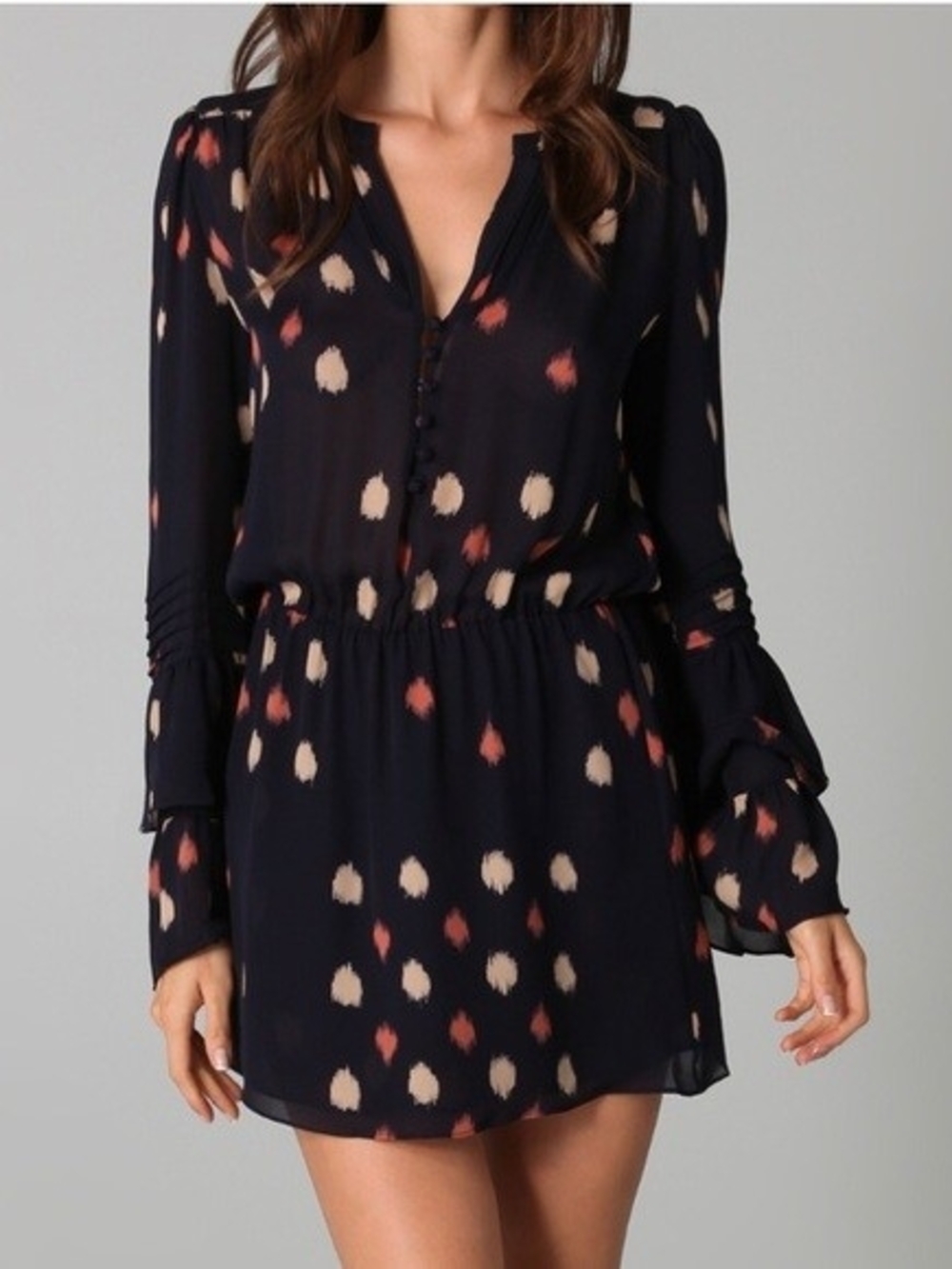 Parker Navy Printed Long Bell-Sleeve Mini Dress Size S